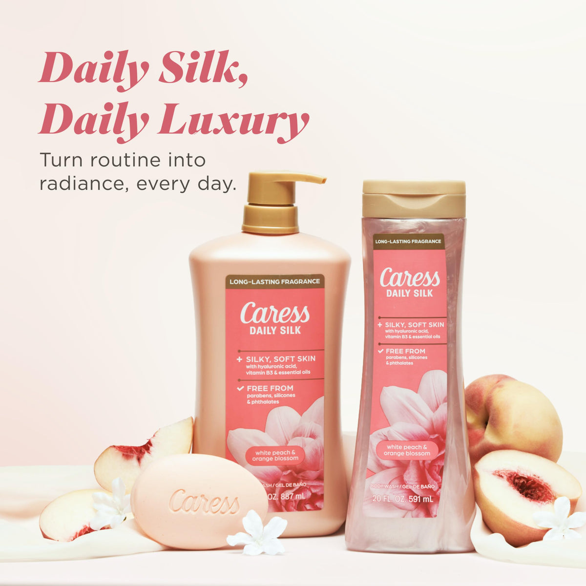 Caress scent notes visual of white peach and orange blossom for lasting fragrance