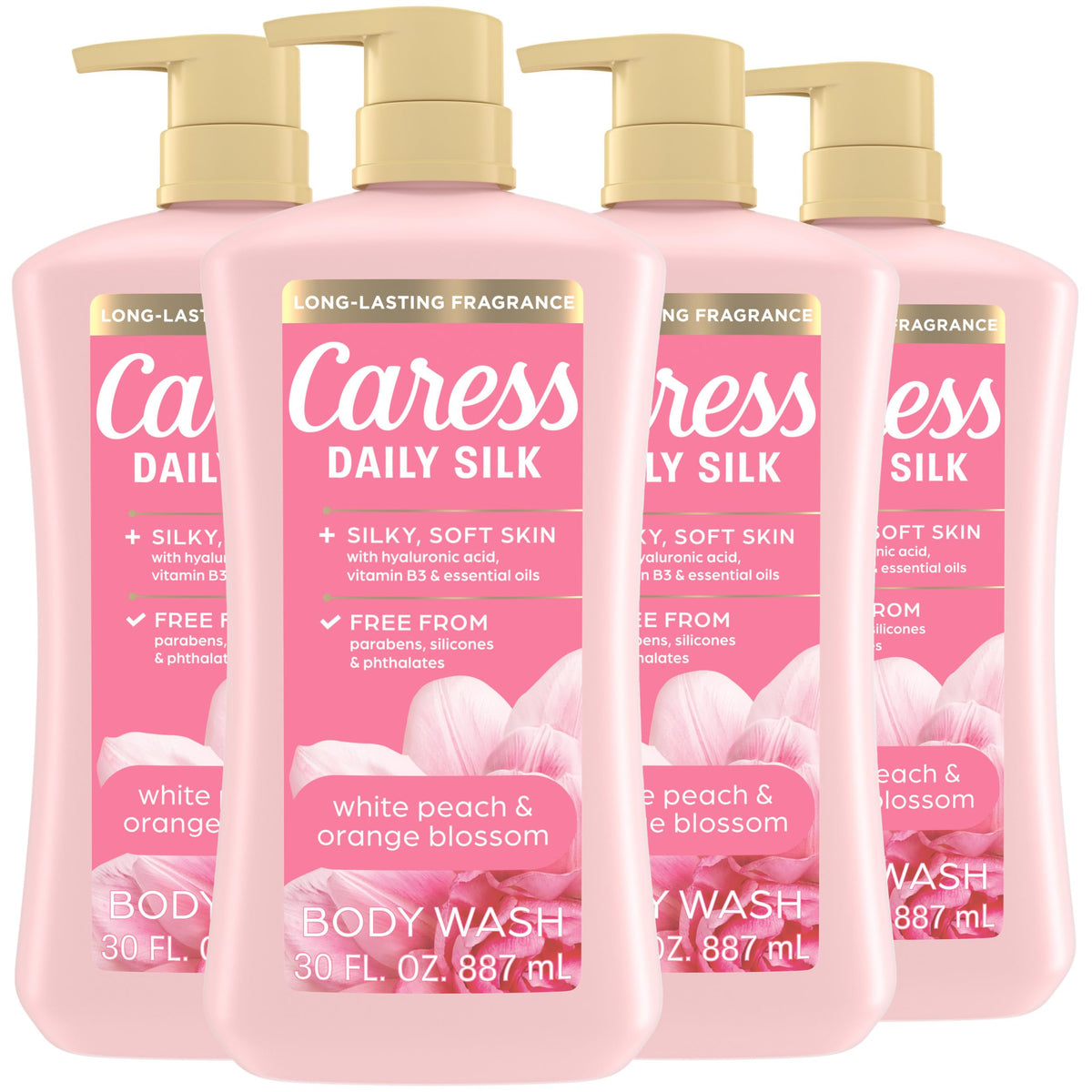 Caress bottle front packaging showing white peach scent and vibrant benefit