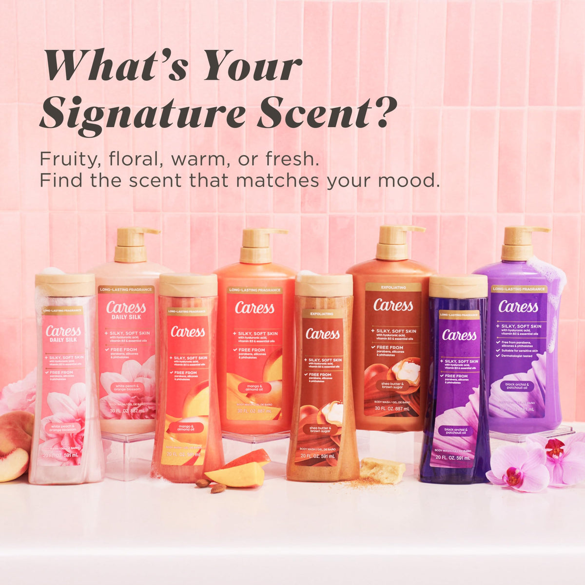 Caress four-bottle multipack arranged showing supply and cost-effectiveness