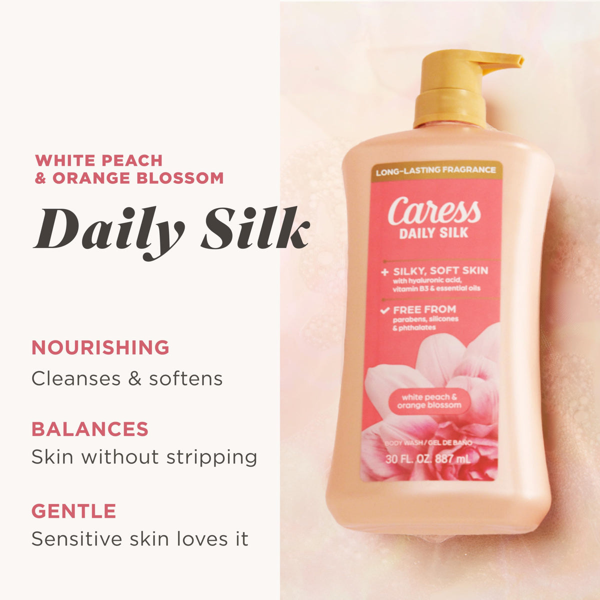 Caress pump top close-up demonstrating easy dispensing and convenience