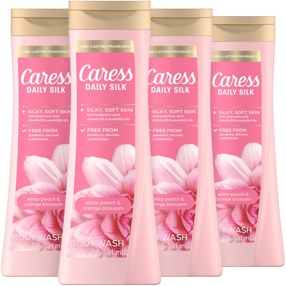 Caress front packaging showing white peach and orange blossom scent for indulgent cleansing