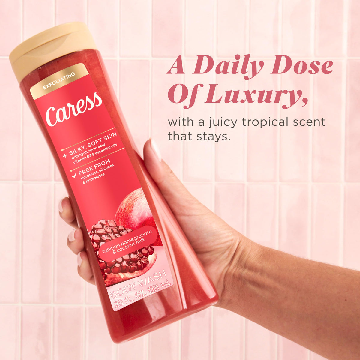 Caress ingredient label with hyaluronic acid and vitamin B3 benefits