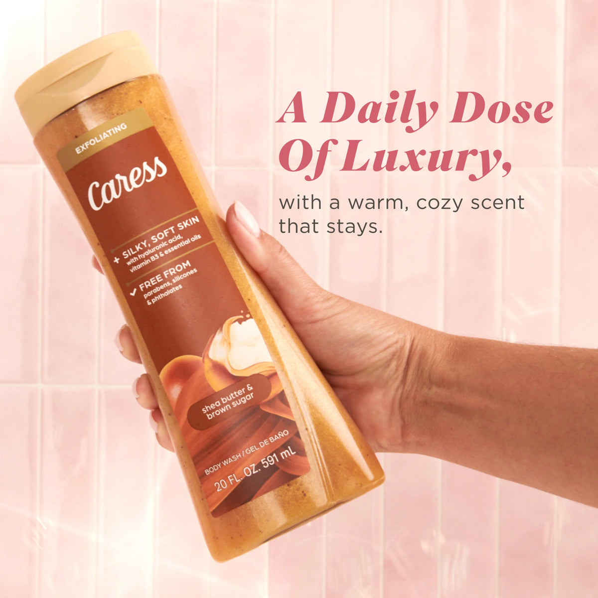 Caress product label showing active ingredients and dermatologist-tested benefit