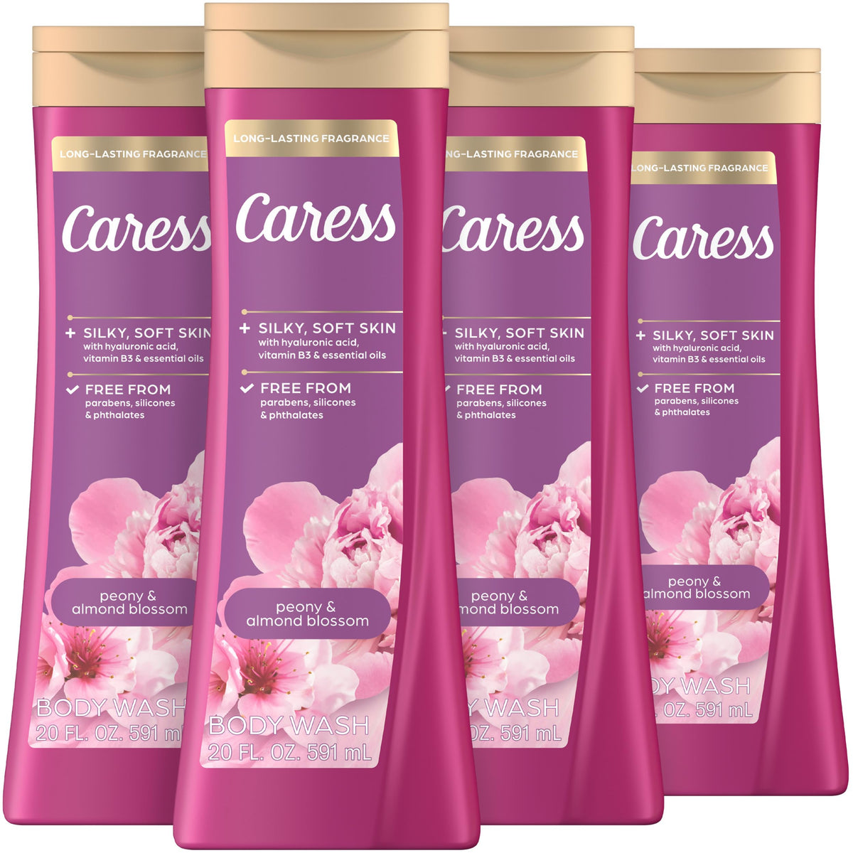 Caress front packaging showing bottle and floral scent benefits