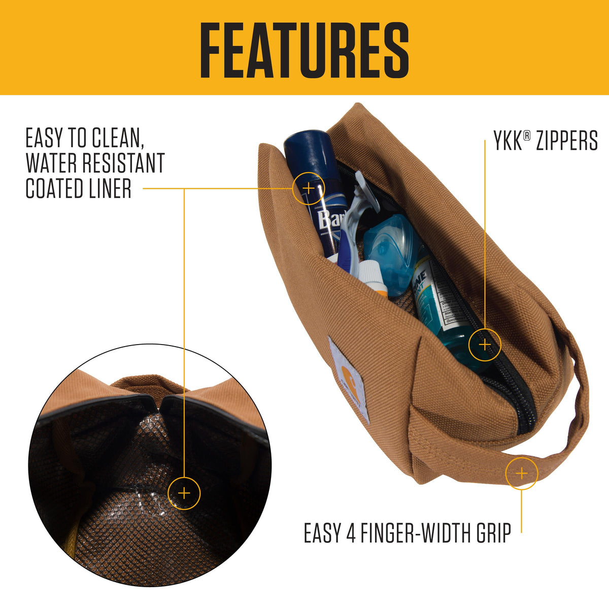 Carhartt travel kit open main compartment holding full-size bottles for easy organization