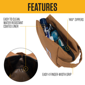 Carhartt travel kit open main compartment holding full-size bottles for easy organization