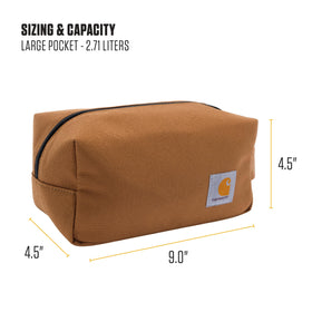 Carhartt travel kit side handle in use dangling from hook for grab-and-go convenience