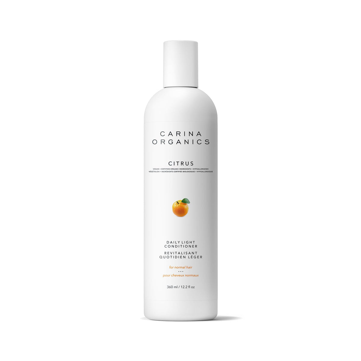 Carina Organics conditioner front packaging showing label and citrus scent, promises lightweight hydration