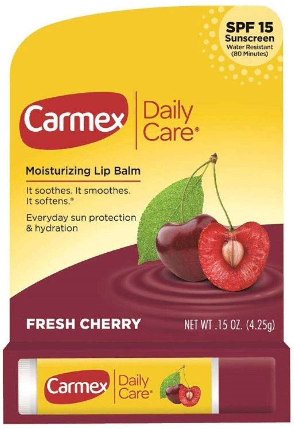 Carmex cherry SPF 15 front packaging showing twin sticks for moisturized lips