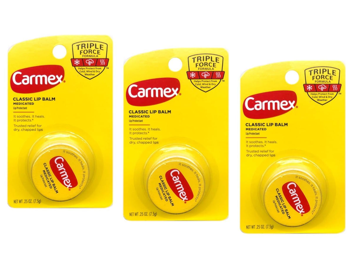 Carmex front packaging showing three medicated lip balm sticks and benefits