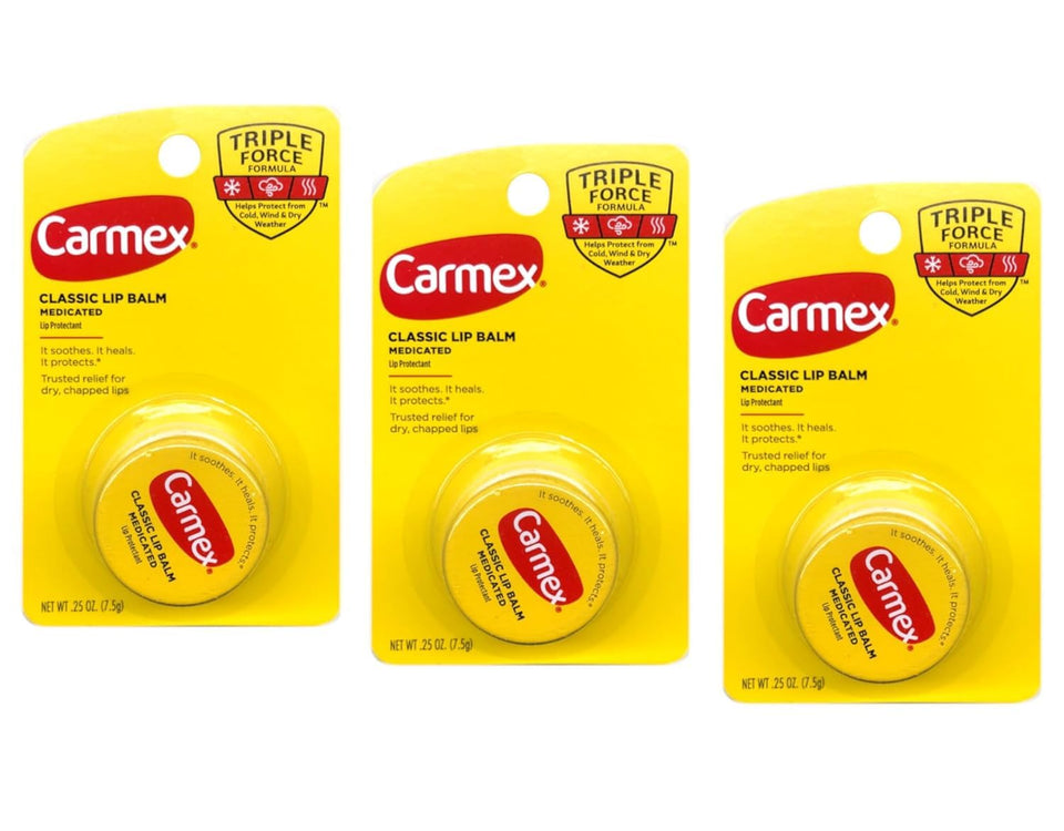 Carmex front packaging showing three medicated lip balm sticks and benefits