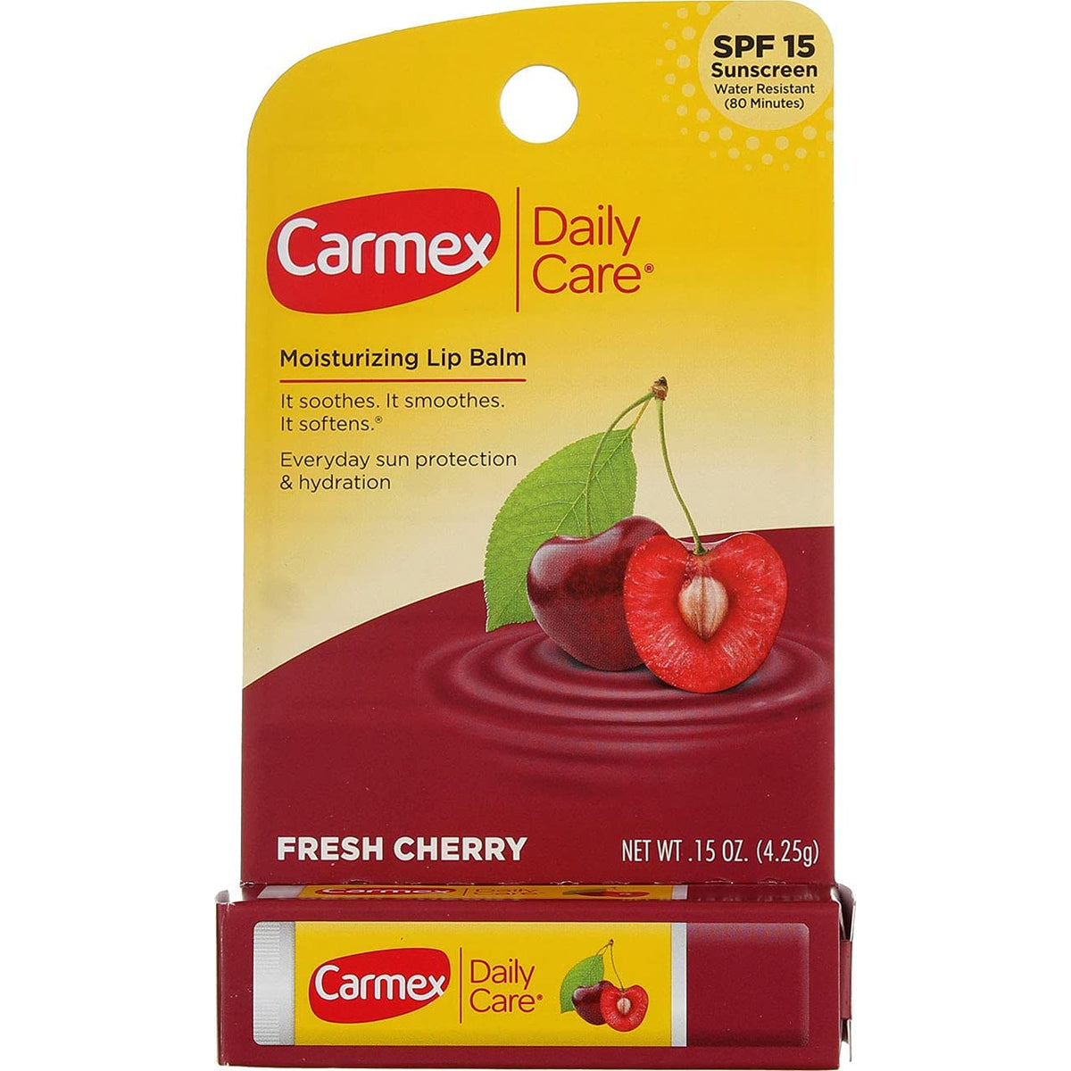 Carmex click-stick cherry front packaging showing six sticks and benefits