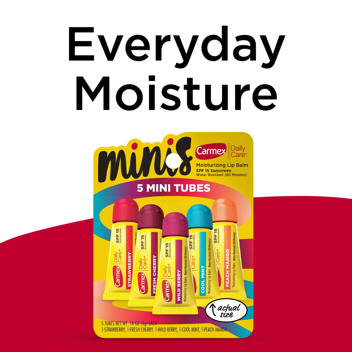 Carmex five flavors arranged to show Strawberry Mint Wild Berry Peach Mango Cherry benefits