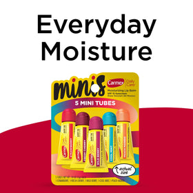Carmex five flavors arranged to show Strawberry Mint Wild Berry Peach Mango Cherry benefits