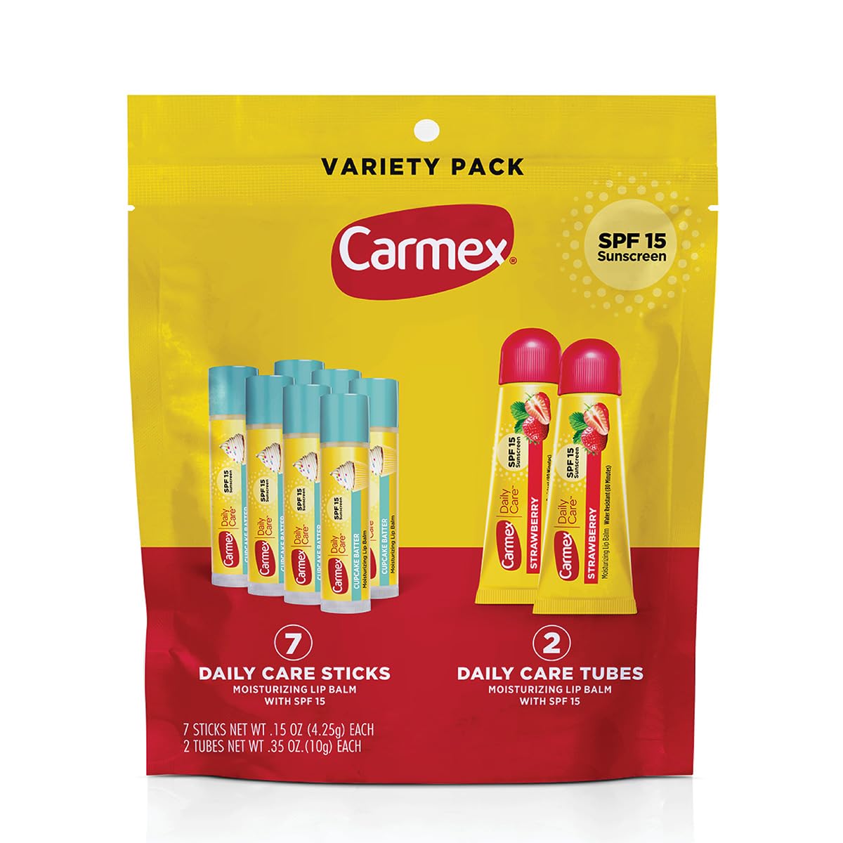 Carmex front pack showing 9-count variety and SPF benefit