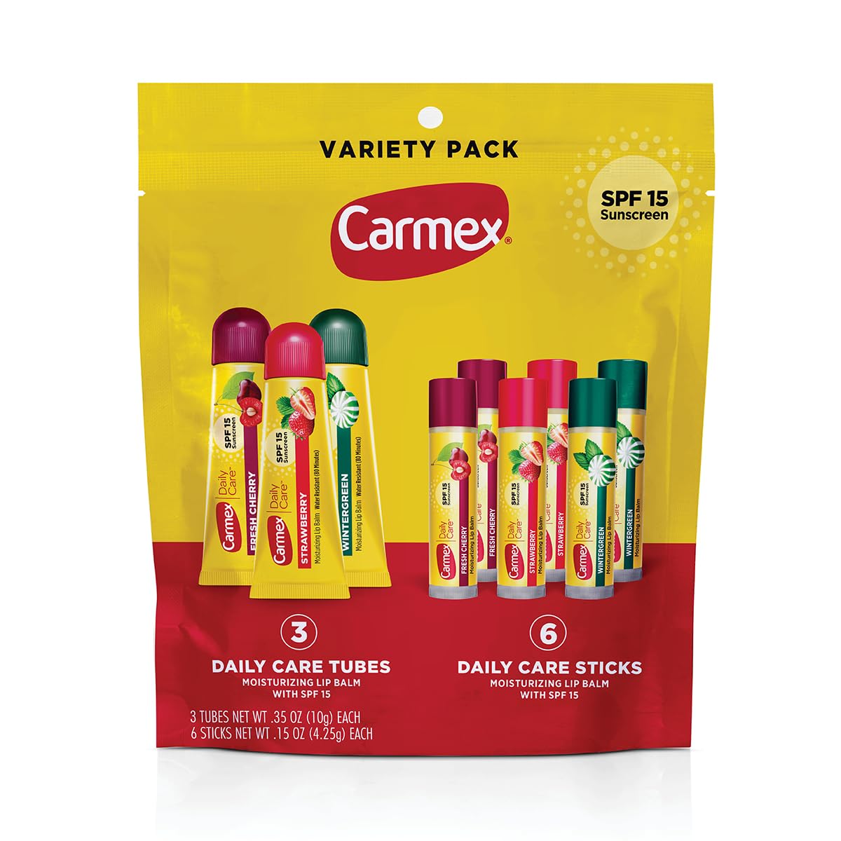 Carmex front packaging 9-count bag showing variety and SPF 15 protection