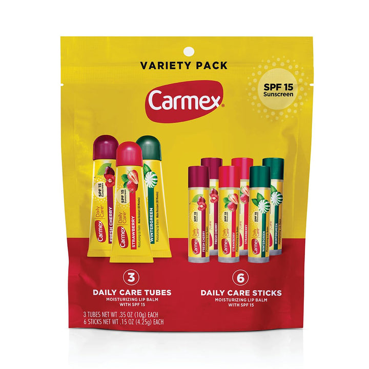 Carmex front packaging 9-count bag showing variety and SPF 15 protection