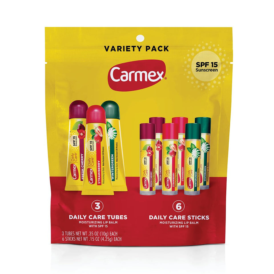 Carmex front packaging 9-count bag showing variety and SPF 15 protection