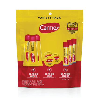 Carmex front packaging showing full 9-count pack and convenience