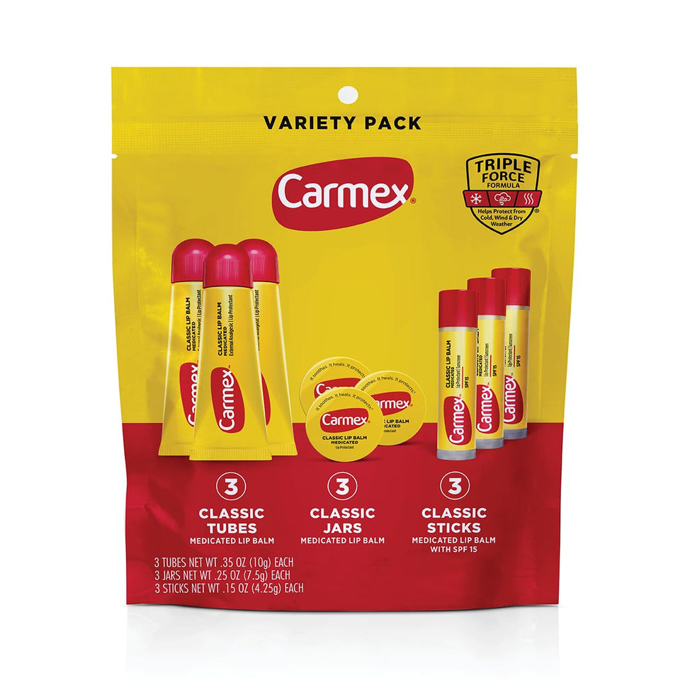 Carmex front packaging showing full 9-count pack and convenience