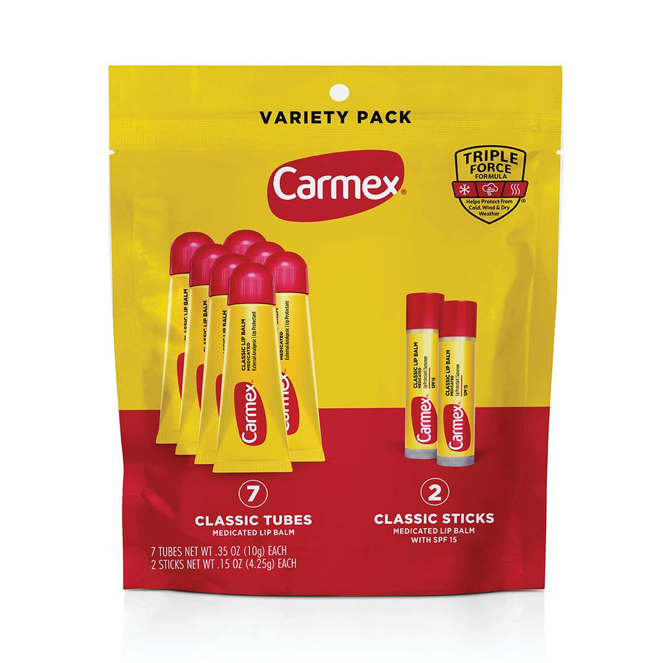 Carmex front packaging showing 9-count bag for easy storage and gifting