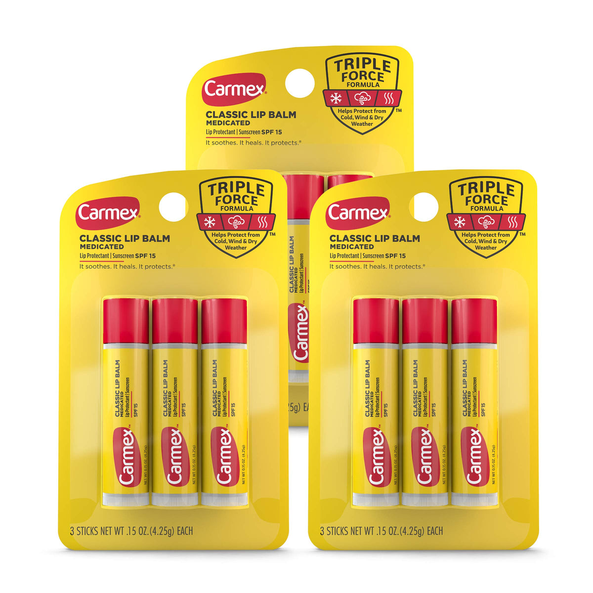 Carmex front packaging showing nine medicated balm sticks for easy stocking