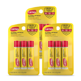Carmex front packaging showing nine medicated balm sticks for easy stocking