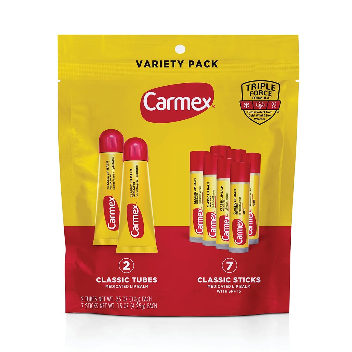 Carmex front packaging bag showing variety pack and convenience