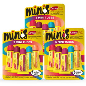 Carmex front packaging multipack showing fifteen mini SPF tubes and flavor labels