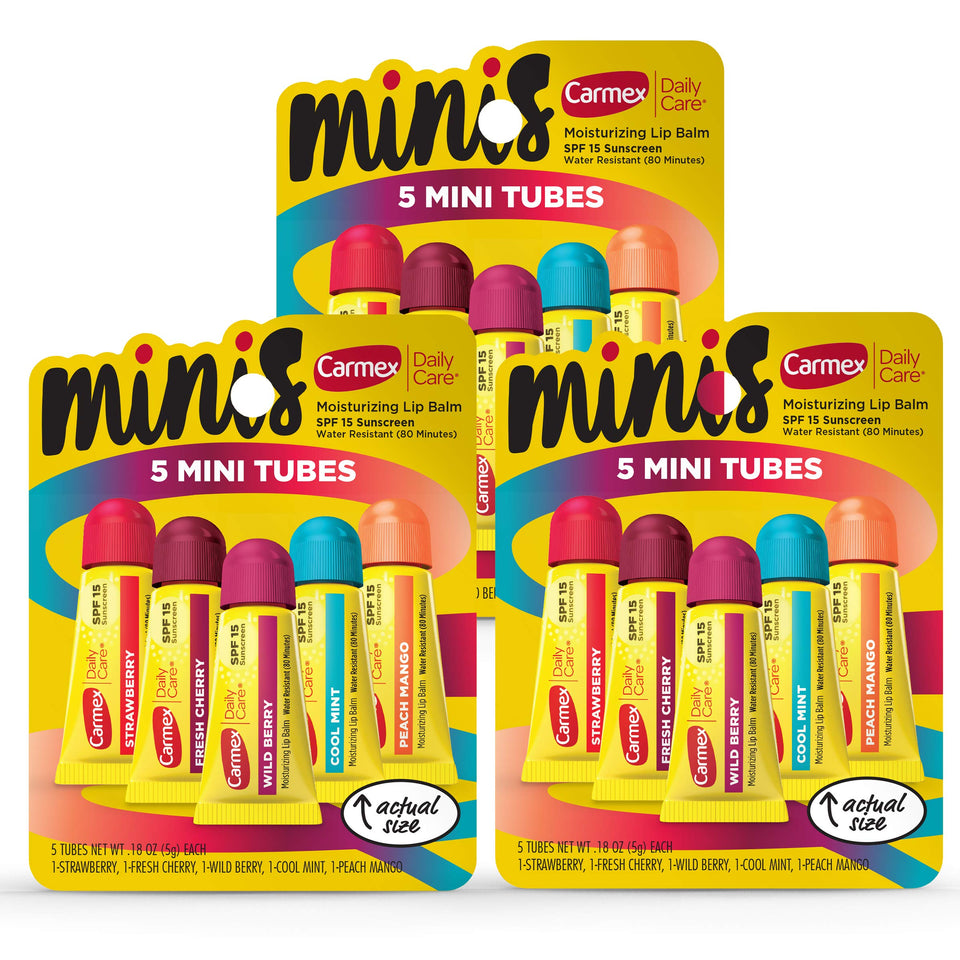 Carmex front packaging multipack showing fifteen mini SPF tubes and flavor labels
