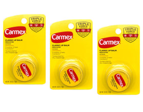 Carmex original pot front view showing jar and label, reliable moisturizing benefit