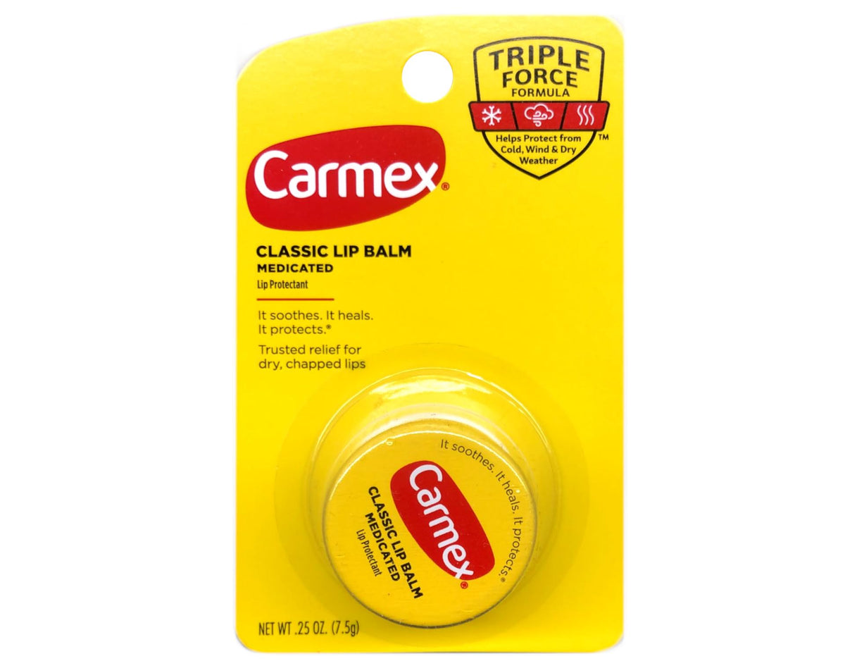 Carmex original pot close-up of balm texture, demonstrating smooth hydration