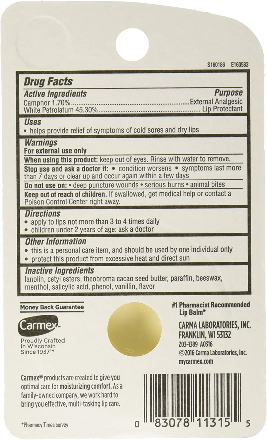 Carmex stick 0.25 oz open tip showing glide and convenient size