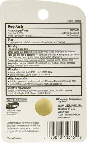 Carmex stick 0.25 oz open tip showing glide and convenient size