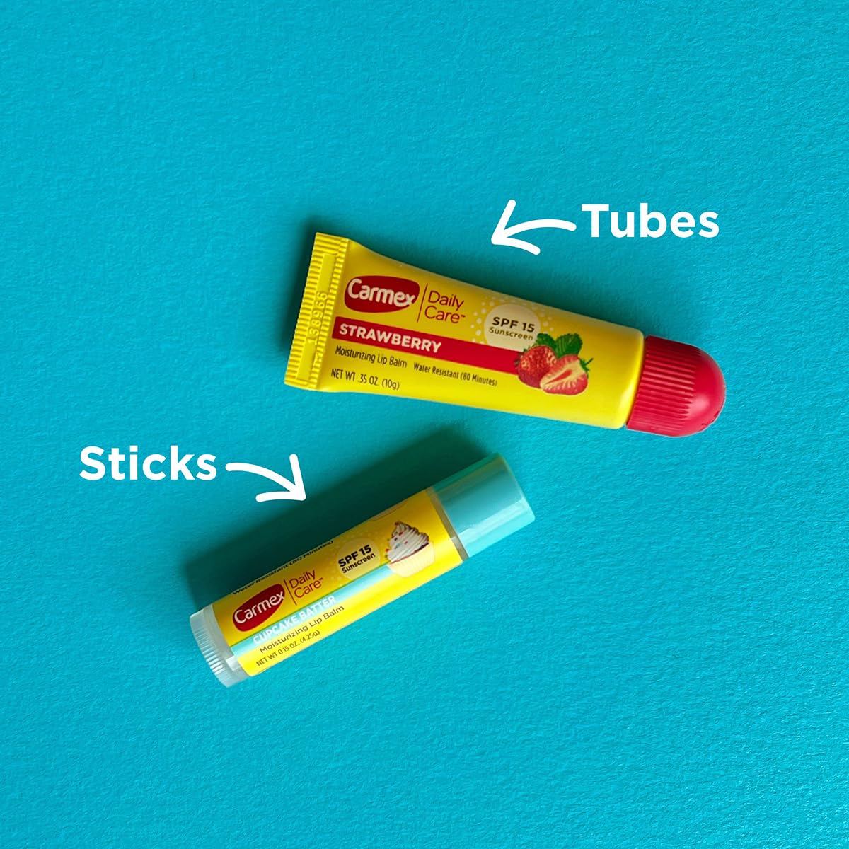 Carmex strawberry tube detail highlighting fruity-flavored hydration