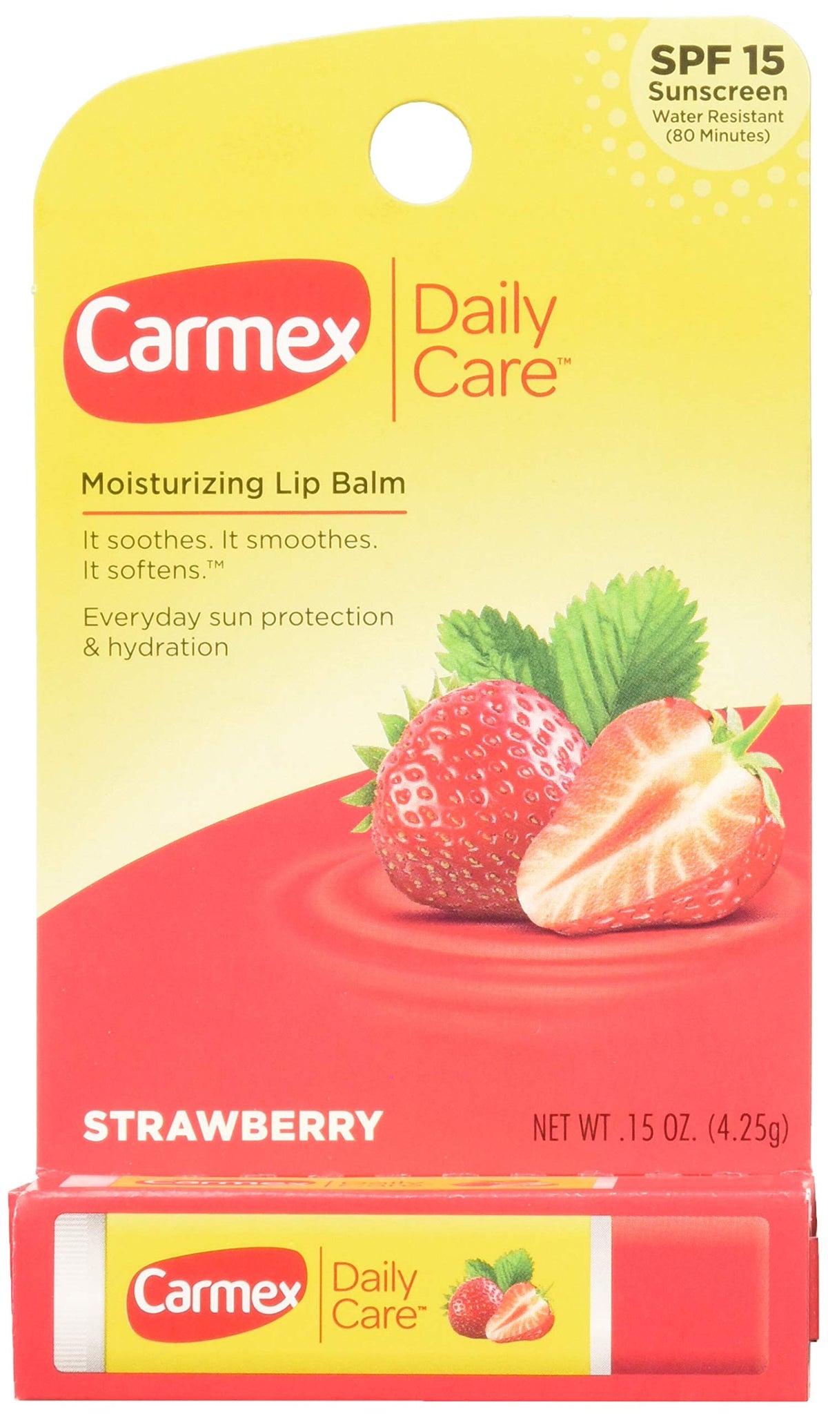 Carmex strawberry front packaging showing three sticks and benefits