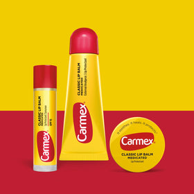 Carmex tube close-up showing smooth texture for quick application