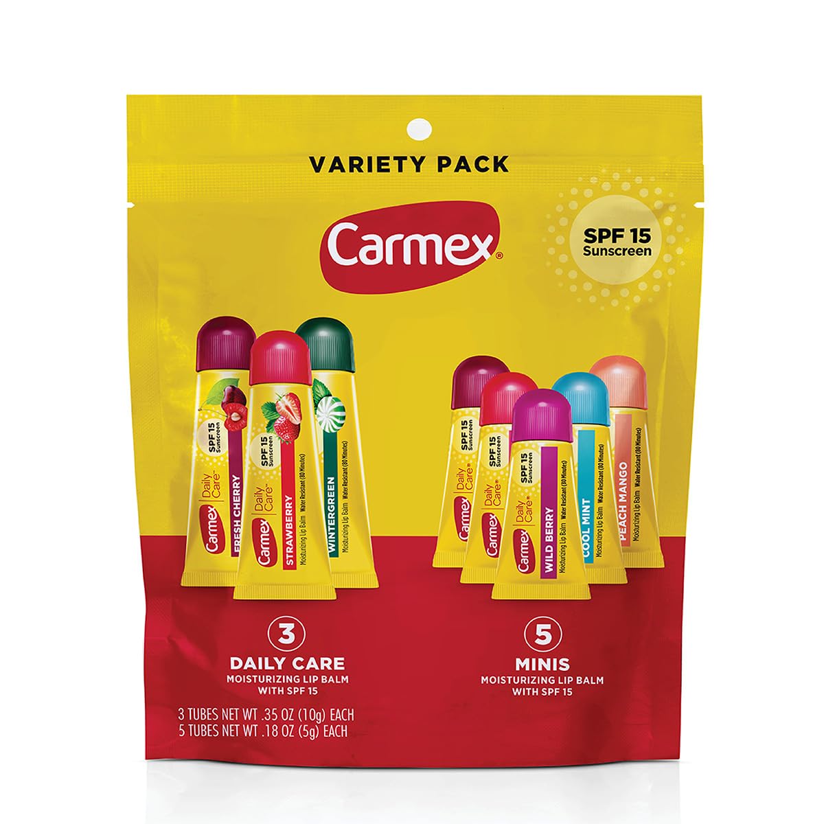 Carmex variety pack front view showing assorted tubes and bag benefits