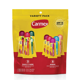 Carmex variety pack front view showing assorted tubes and bag benefits