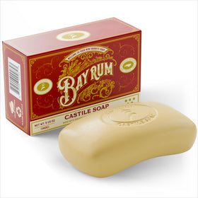 Carolina Castile front packaging showing bay rum bar and branding benefits
