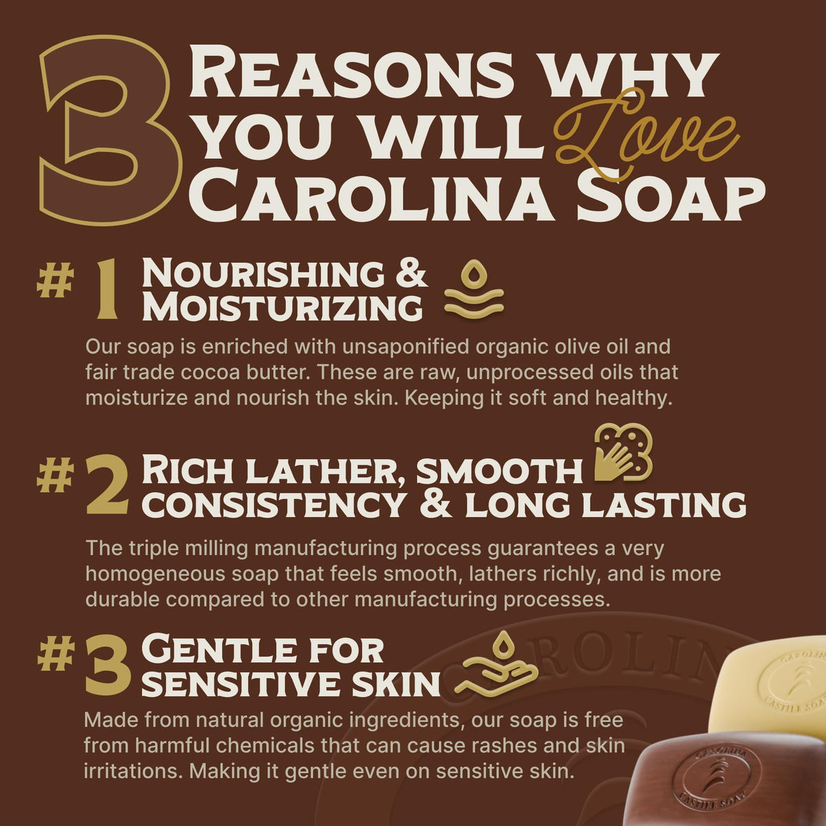 Carolina Castile rich foamy lather on soap demonstrating creamy cleansing
