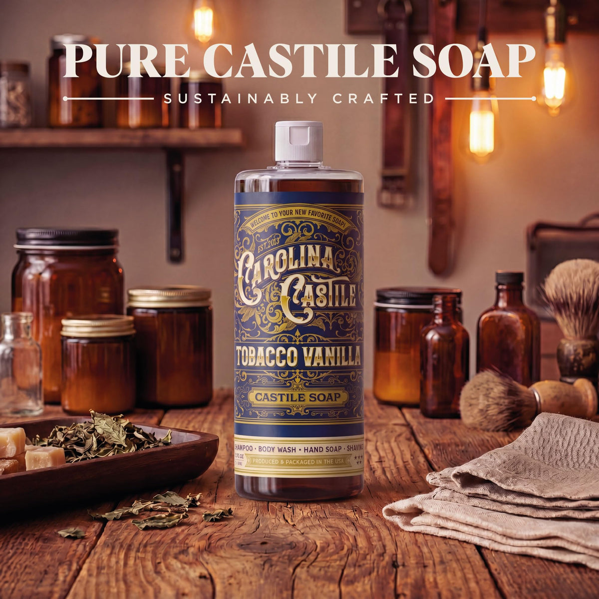 Carolina Castile bottle in shower scene showing easy use and daily convenience