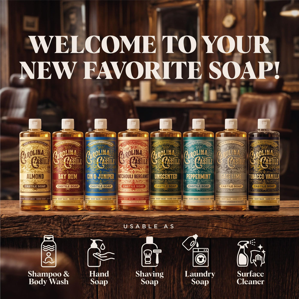 Carolina Castile on bathroom shelf lifestyle scene showing premium scent appeal
