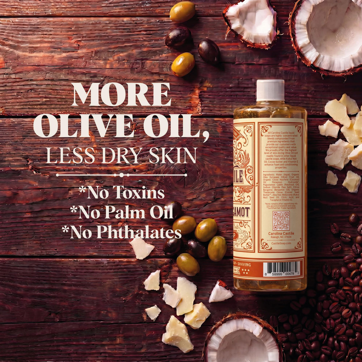 Carolina Castile Soap with olive oil pour emphasizing olive oil richness
