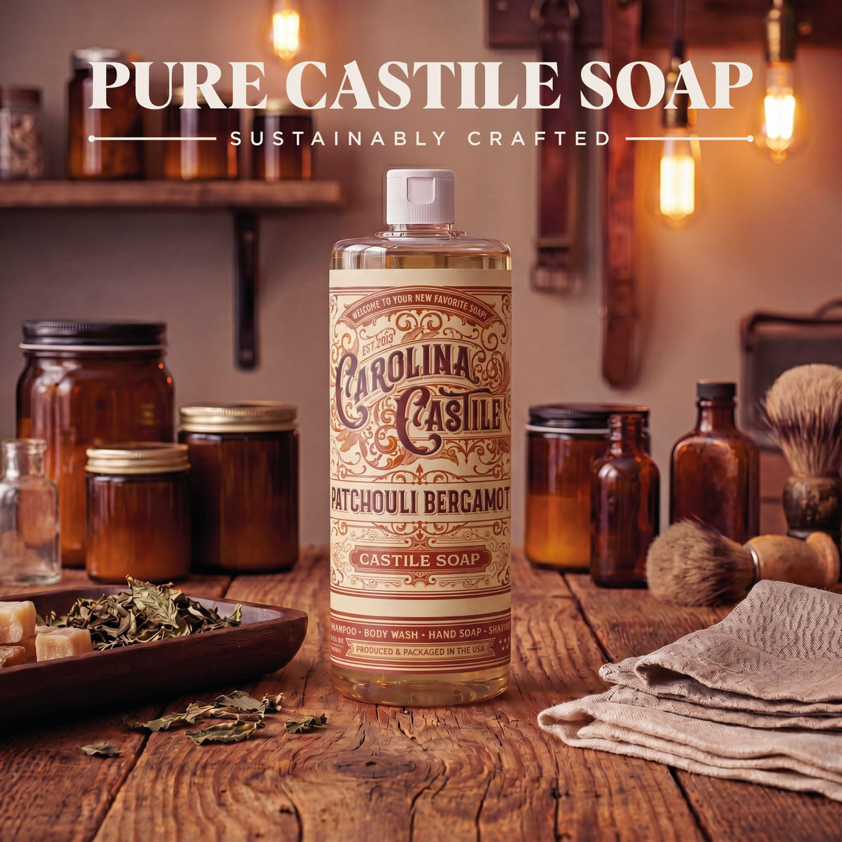 Carolina Castile Soap in shower scene demonstrating gentle body wash use