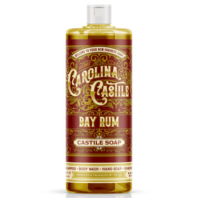 Carolina Castile Soap front bottle showing Bay Rum label and organic certification benefit