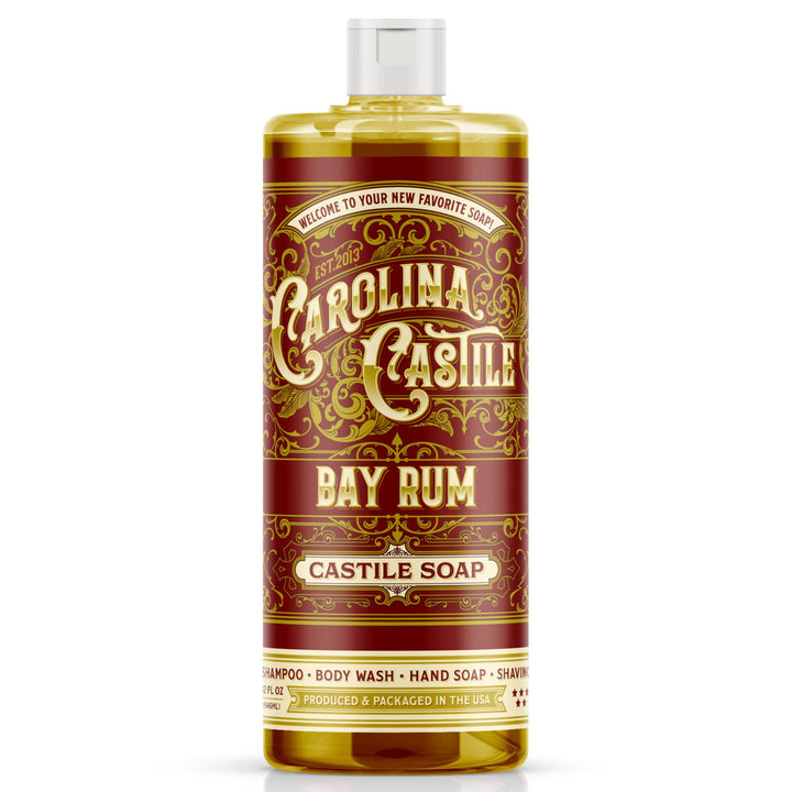 Carolina Castile Soap front bottle showing Bay Rum label and organic certification benefit