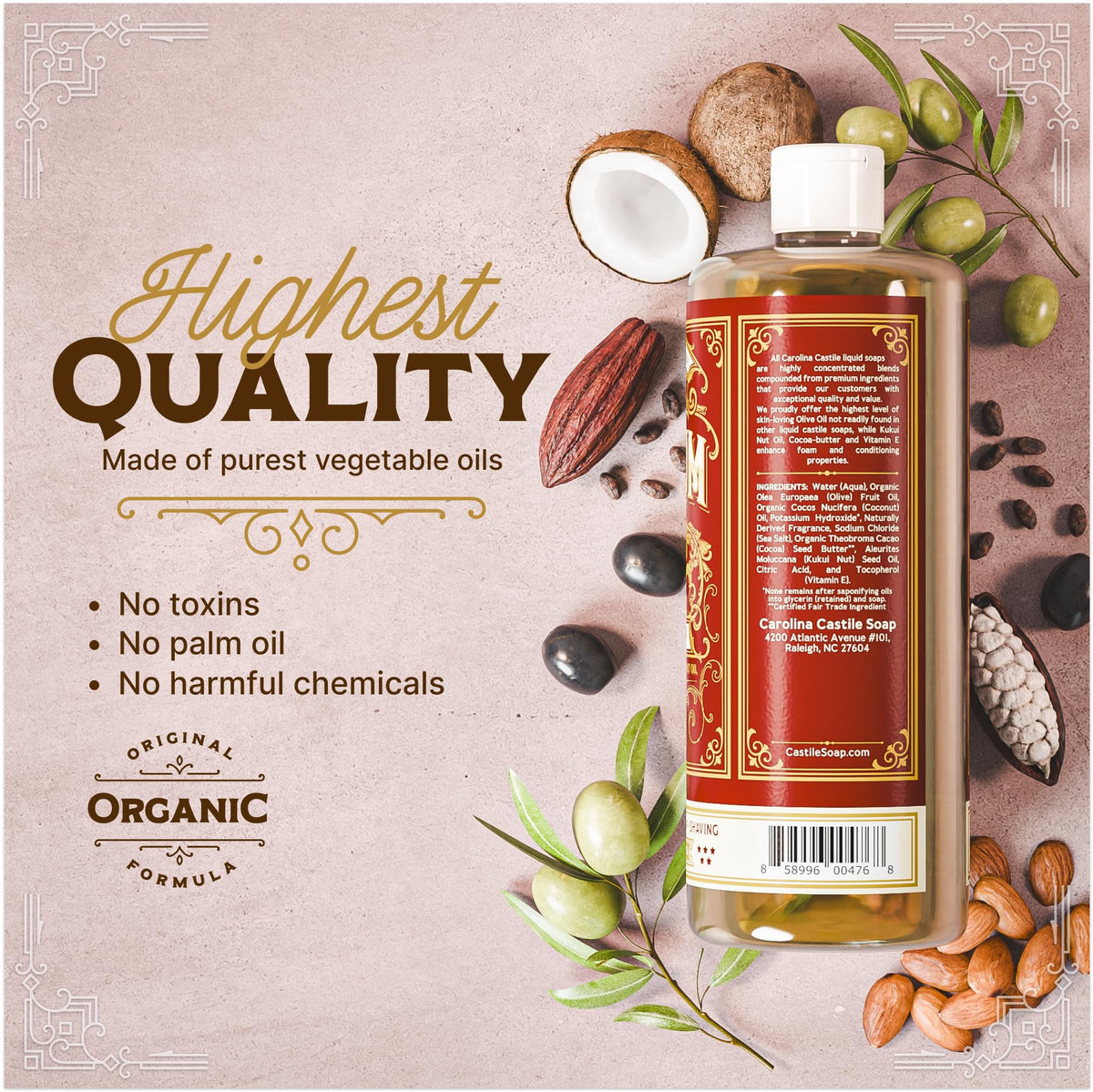 Carolina Castile Soap with olive, coconut, and kukui oils highlighting nourishing benefit