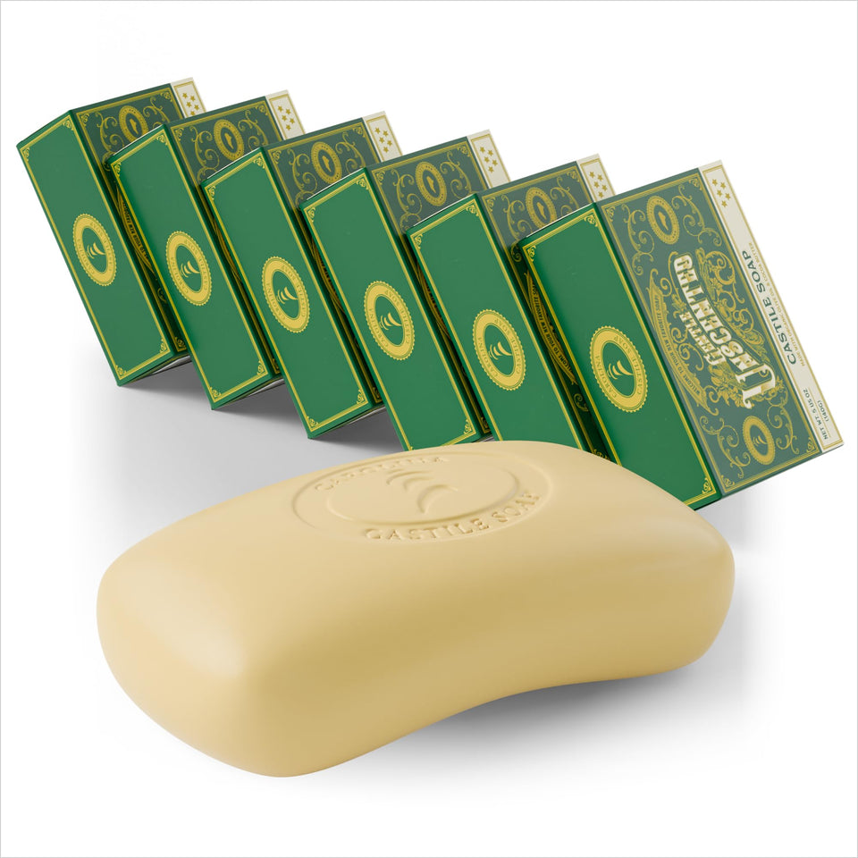 Carolina Castile Soap front packaging showing six bars and label benefits