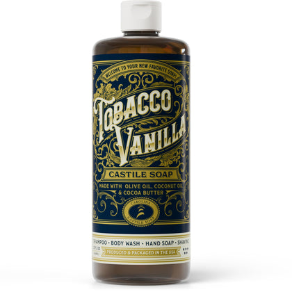 Carolina Castile front bottle view showing tobacco vanilla label and size benefit
